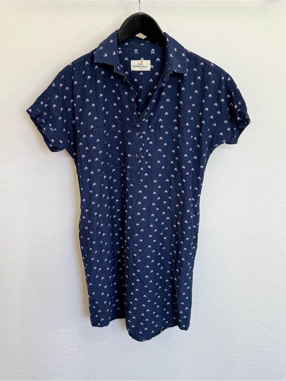 Marine Layer Navy Chevron Micro Patterned Short Sleeve Shirtdress Pockets XS